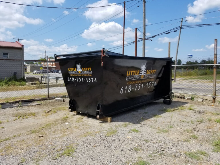 Black Little Egypt roll-off dumpster with company logo